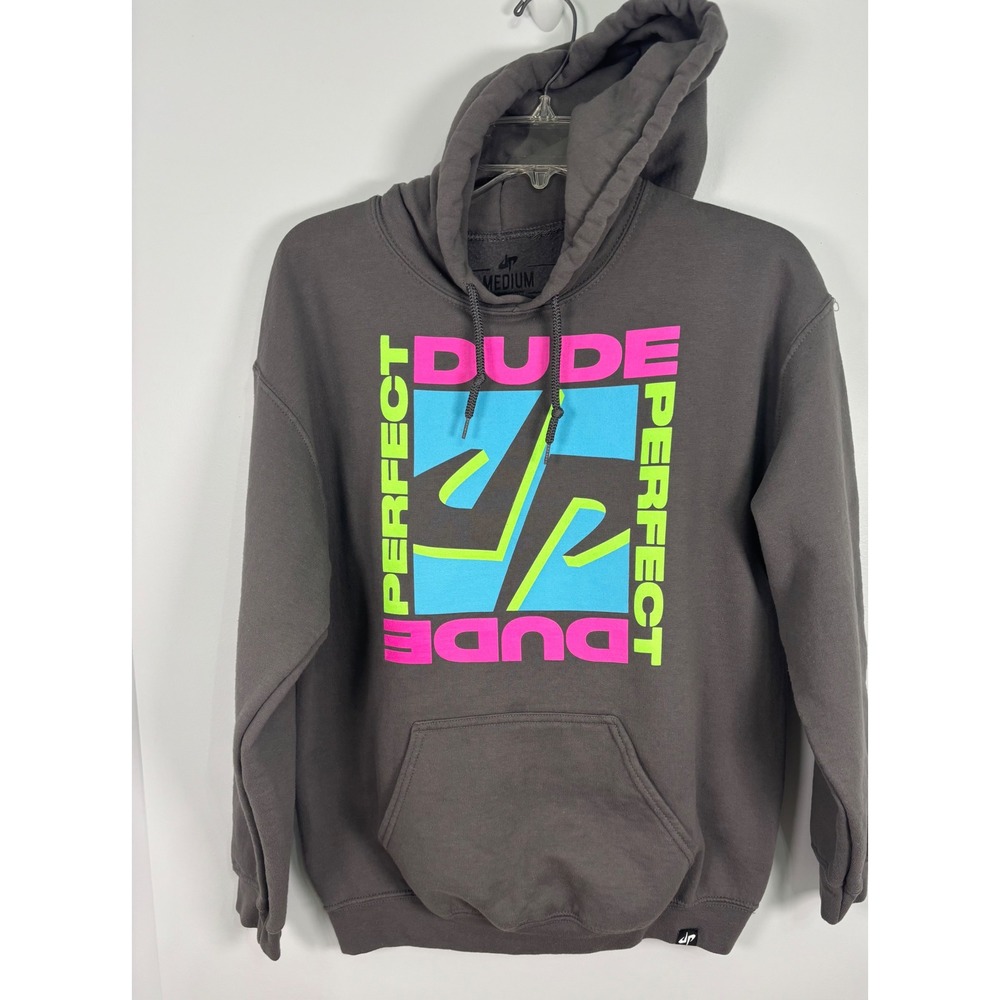 Dude Perfect Mens Graphic Hoodie Gray Neon Logo Sweatshirt Medium DP Logo